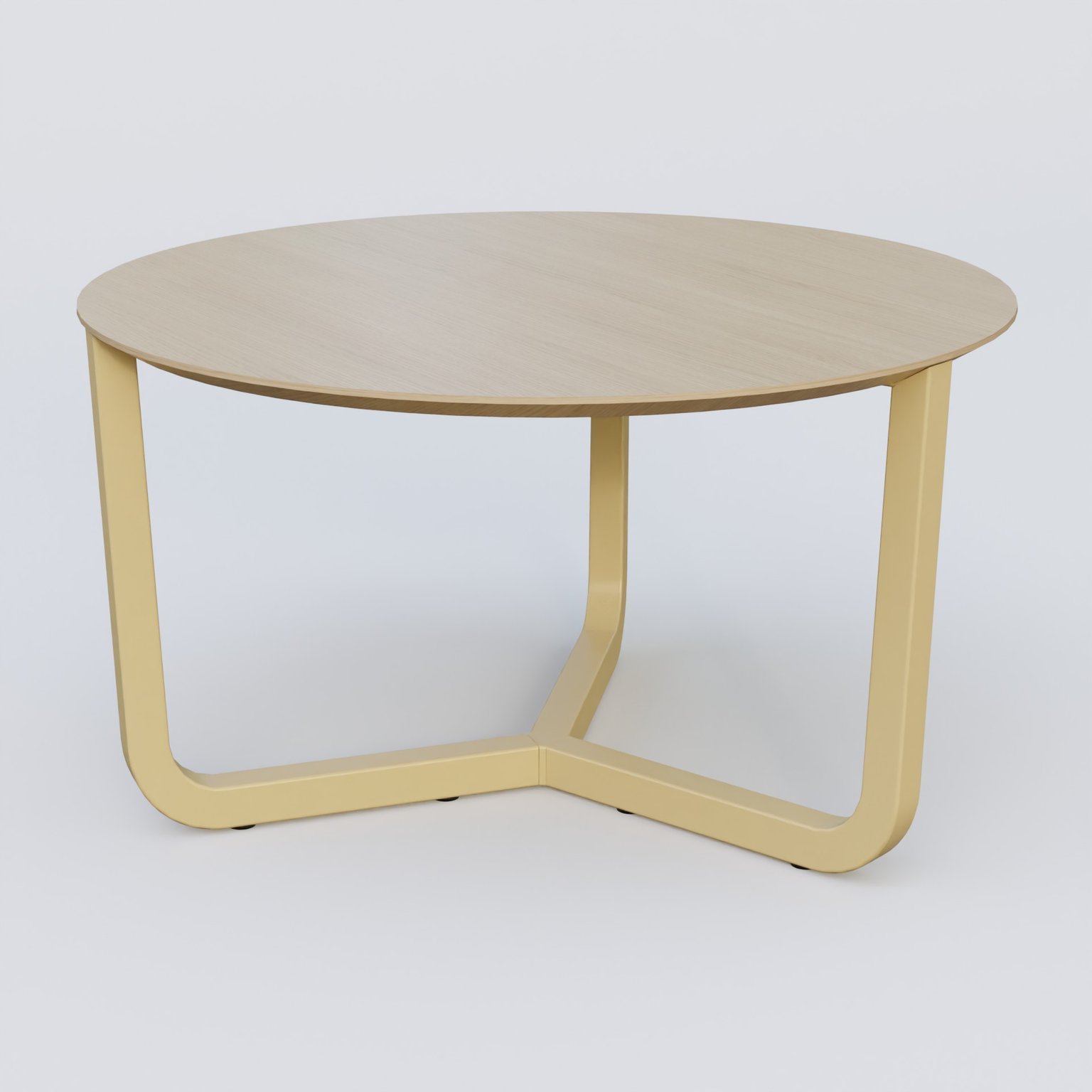 Table Basse Fashion Styl piètement tryptique en métal et plateau bois. Plateau Chêne et pietement Jaune Cuivre (RAL 1002).