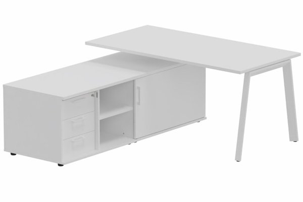 Gamme K8 - Plans droits - K8 Plan 180x80 avec meuble porteur (L180xP64) avec caisson 3T intégré - meuble à gauche -Finitions = Plateau et top de finition : Blanc / Piétement :Blanc (BL) / Corps du meuble : Blanc /Façade : Blanc