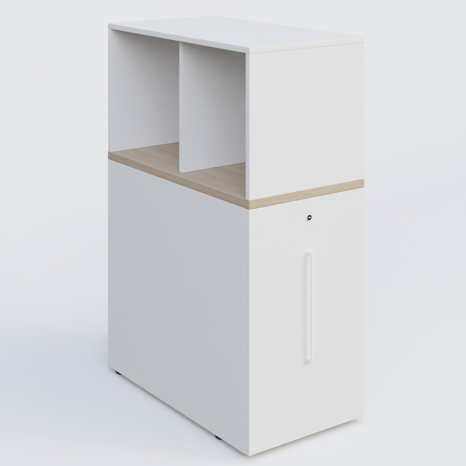 Tour de rangement hauteur de bureau position à droite avec Niche. Caisson Acacia et top de finition Blanc.