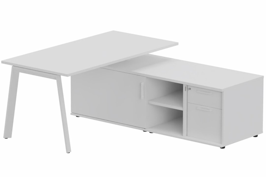 K8 Plan 200x100 avec meuble porteur (L180xP64) avec caisson 2T dont 1 DS intégré - meuble à droite - Finitions = Plateau et top de finition : Blanc /Piétement :Blanc (BL) / Corps du meuble : Blanc /Façade : Blanc