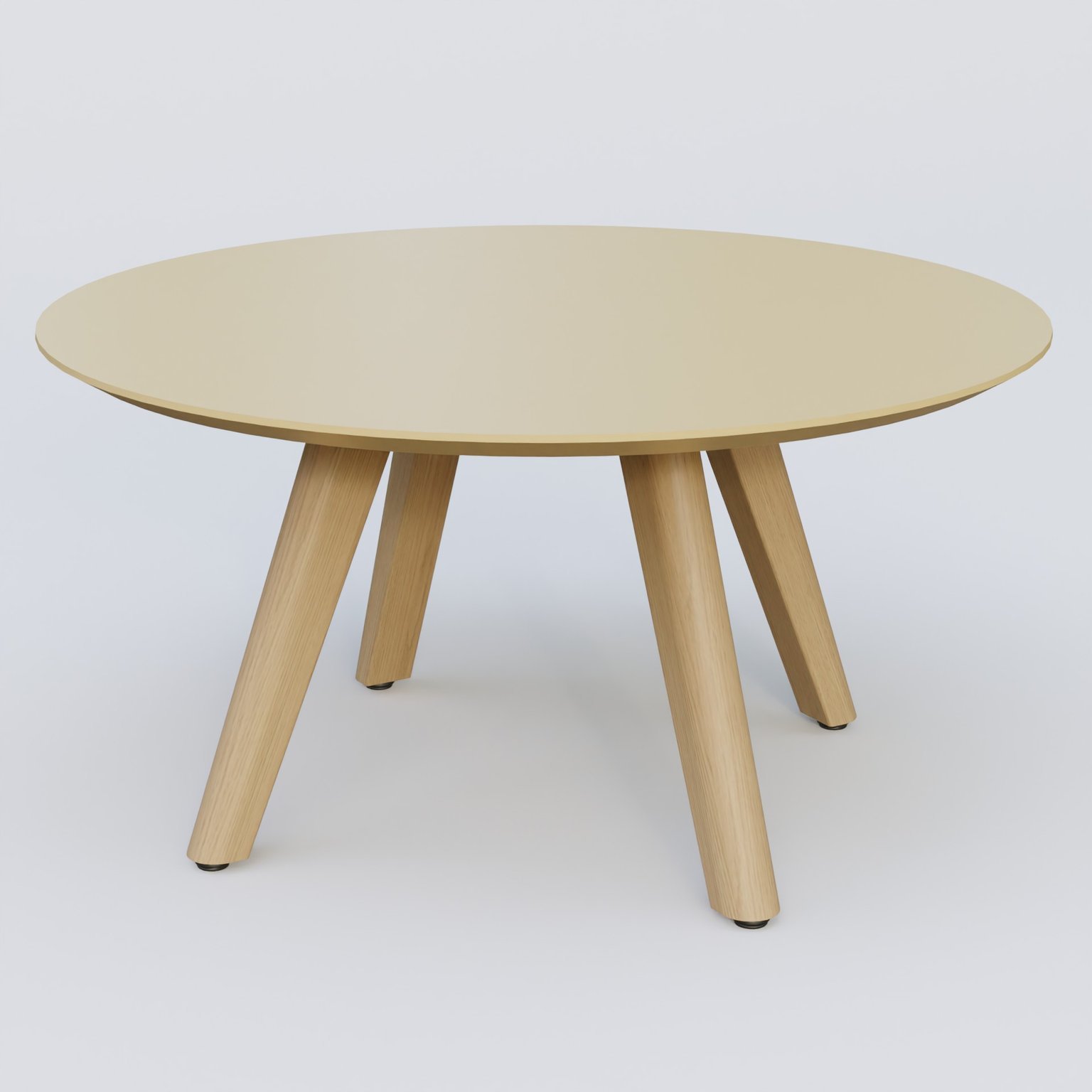 Table Basse Fashion Styl piètement 3 pieds en bois et plateau bois. Plateau Jaune Cuivre (RAL 1002) et pietement Chêne.