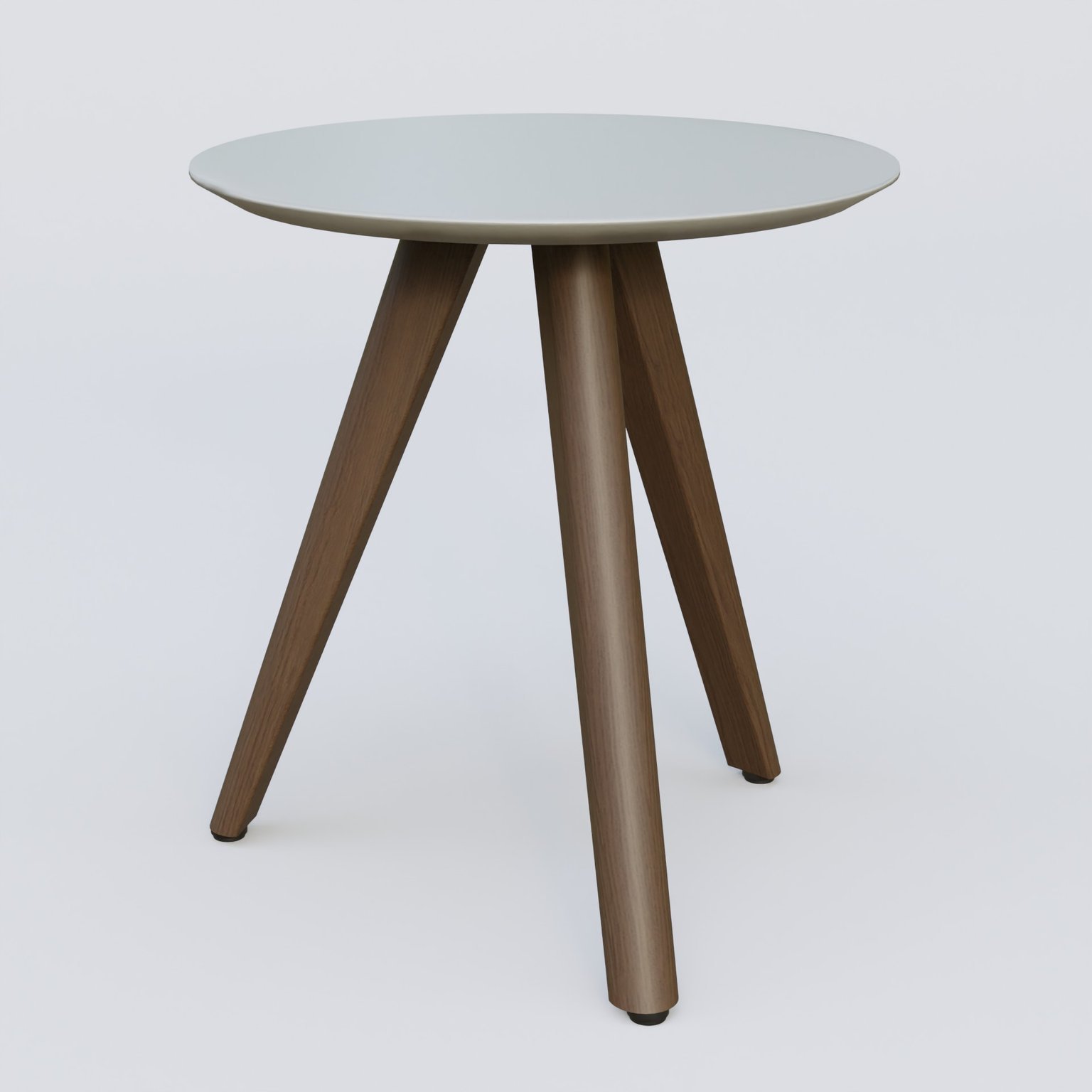 Table Basse Fashion Styl piètement 3 pieds en bois et plateau bois. Plateau Gris (RAL 7038) et pietement Chêne Moka.