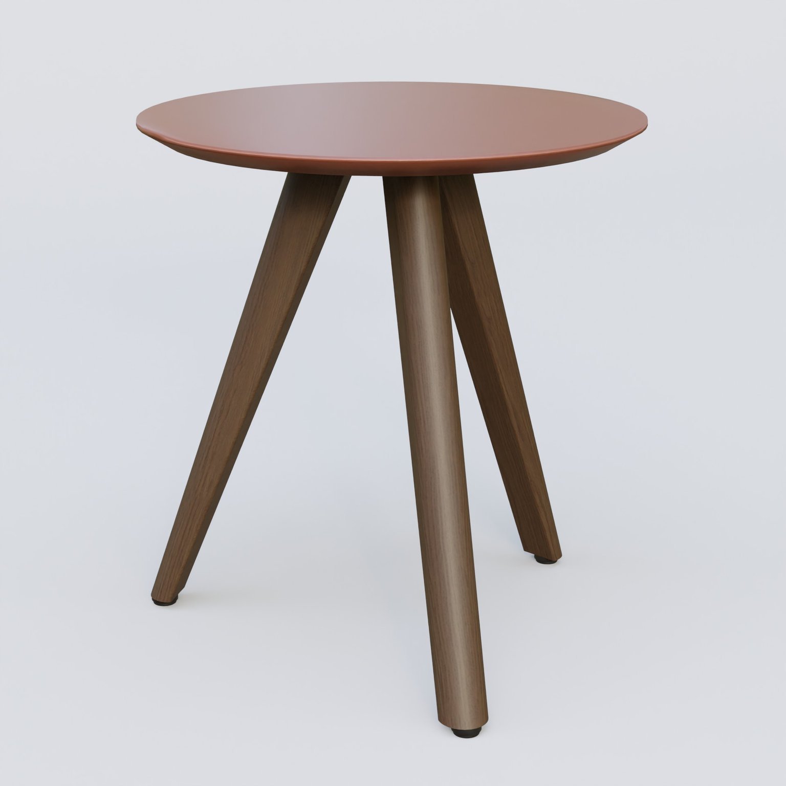Table Basse Fashion Styl piètement 3 pieds en bois et plateau bois. Plateau Brun cuivré (RAL 8004) et pietement Chêne Moka.
