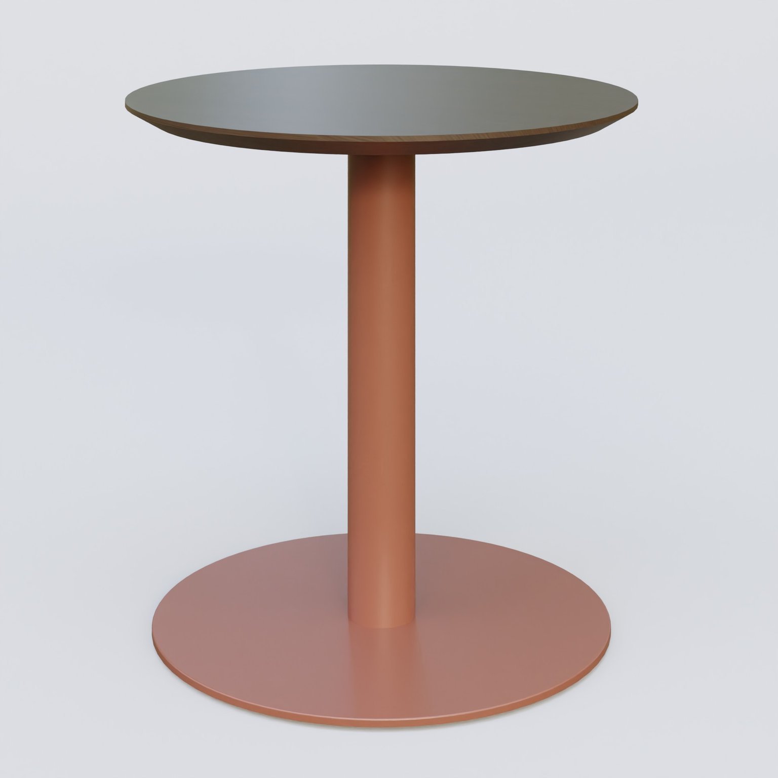 Table Basse Fashion Styl piètement colonne en métal et plateau bois. Plateau Chêne Moka et pietement Brun cuivré (RAL 8004).