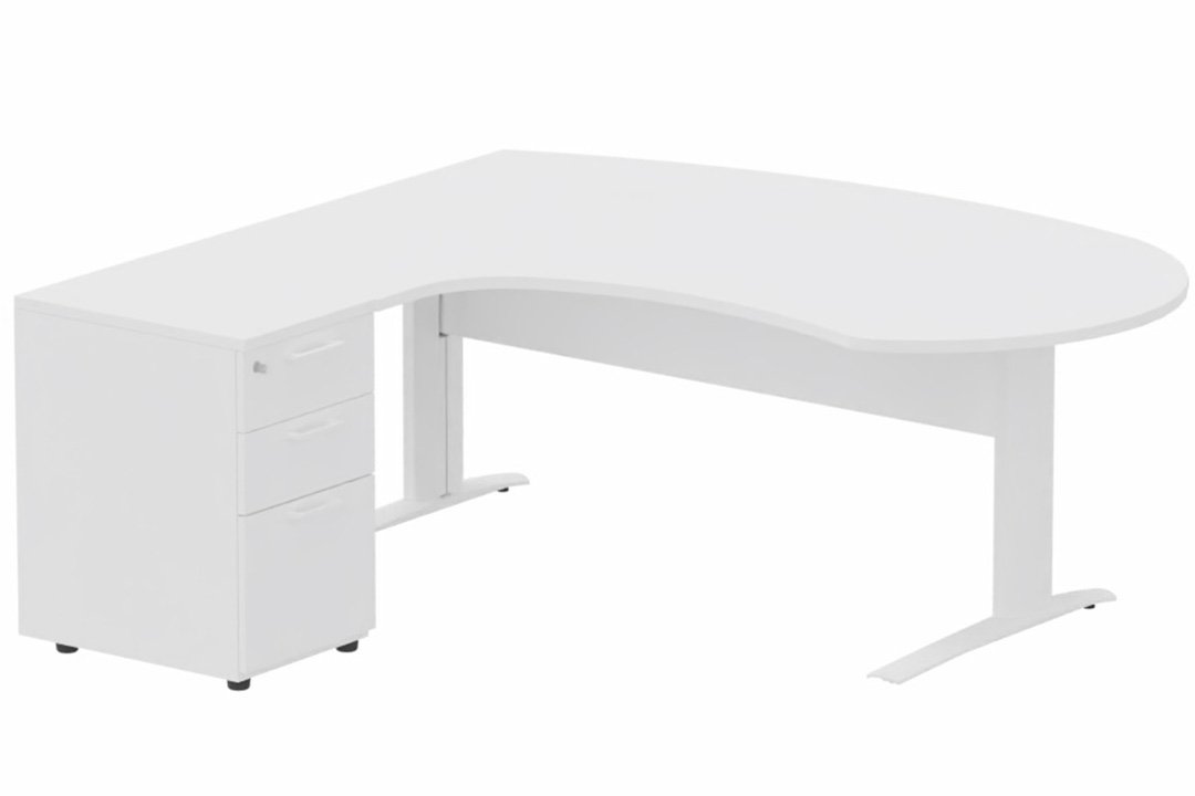 K1 VDF métal compact 90° manager 190x141x104x60cm sur caisson HB mélamine 3 tiroirs, plateau blanc, structure blanc