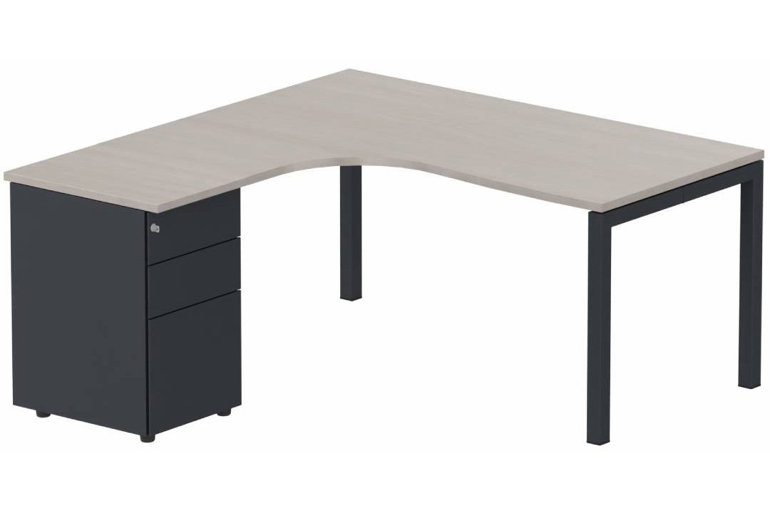 Plan Compact 90° asymétrique 180x162x80/60cm retour à gauche avec caisson HB métal 3 tiroirs, acacia/anthracite