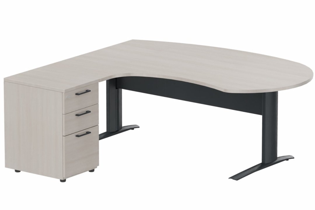 K1 VDF métal compact 90° manager 190x141x104x60cm sur caisson HB mélamine 3 tiroirs, plateau acacia, structure anthracite