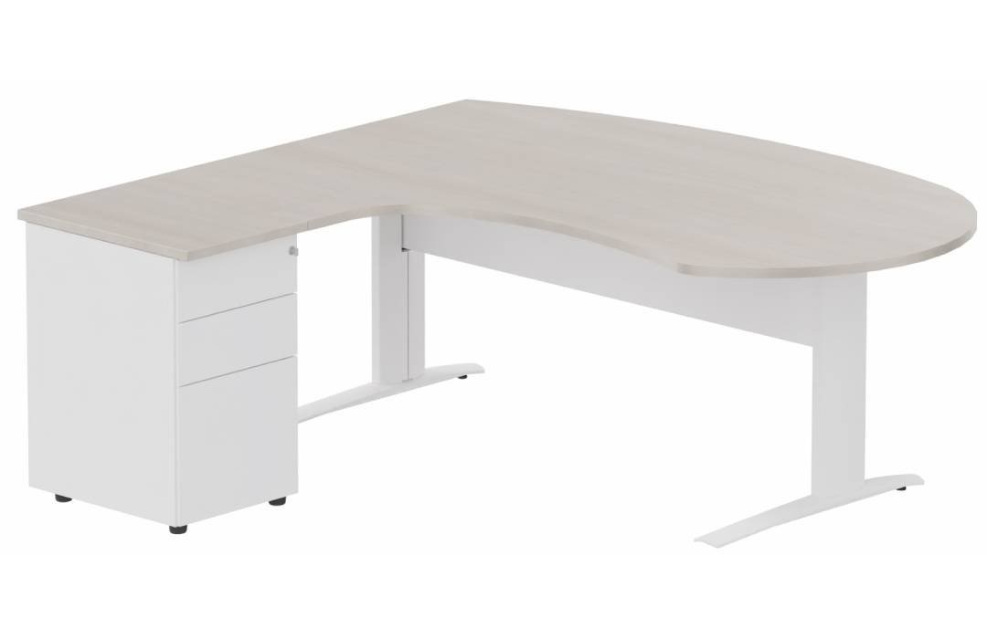 K1 VDF métal compact 90° manager 190x141x104x60cm sur caisson HB métal 3 tiroirs, plateau acacia, structure blanc