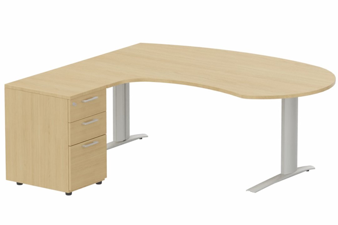 k1 Poutre - Plan compact 90° asymétrique Manager 190x183x104 / 60cm avec caisson HB bois 3 tiroirs - retour à gauche -Finitions : PLATEAUX: CHENE (CE) / PIETEMENTS: ALUMINIUM (AL) / CAISSONS MELAMINE: CHENE (CE)