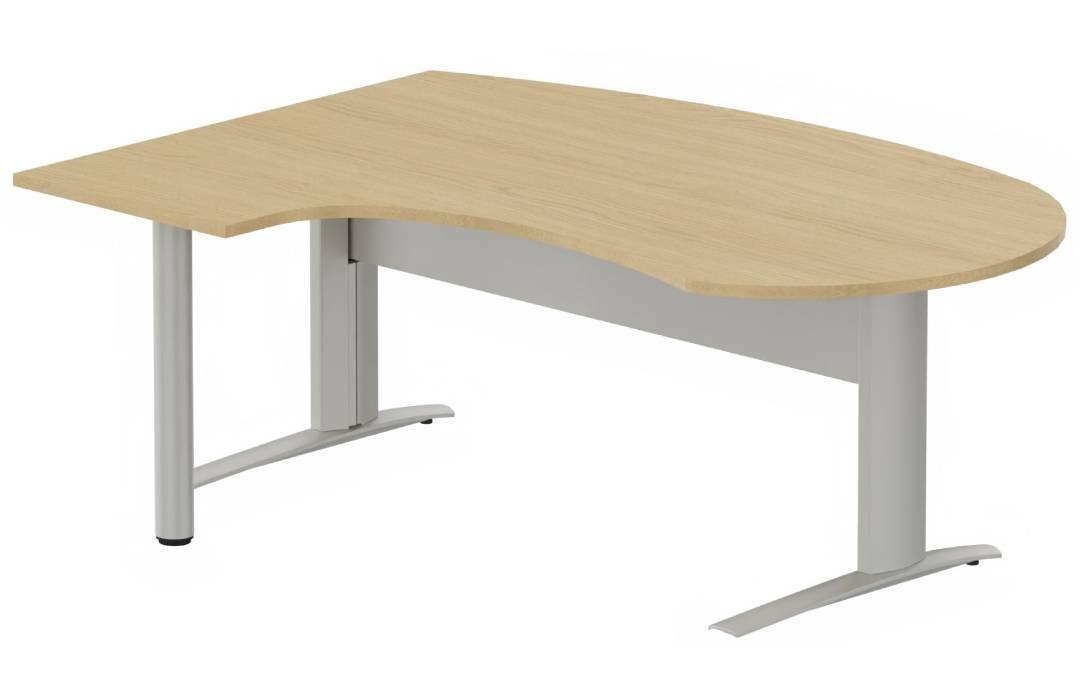 K1 Voile de fond Métal - Plan compact 90° asymétrique Manager 190x141x104/60cm sur pied de soutien - retour à gauche -Finitions : PLATEAUX: CHENE (CE) / PIETEMENTS: ALUMINIUM (AL)