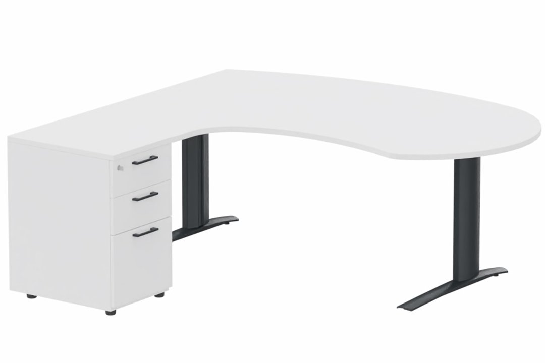K1 POUTRE compact 90° manager 190x141x104x60cm sur caisson HB mélamine 3 tiroirs, plateau blanc, structure anthracite