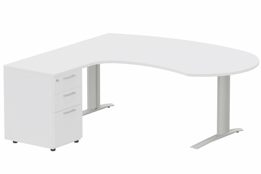 K1 POUTRE compact 90° manager 190x141x104x60cm sur caisson HB mélamine 3 tiroirs, plateau blanc, structure aluminium