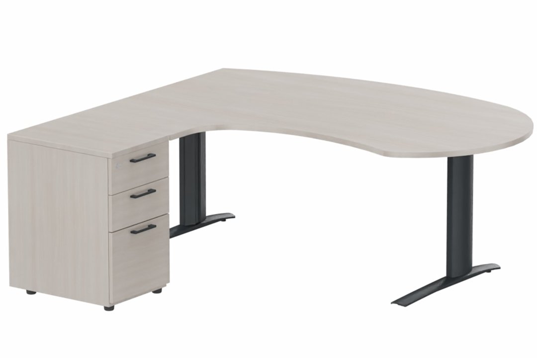 K1 POUTRE compact 90° manager 190x141x104x60cm sur caisson HB mélamine 3 tiroirs, plateau acacia, structure anthracite