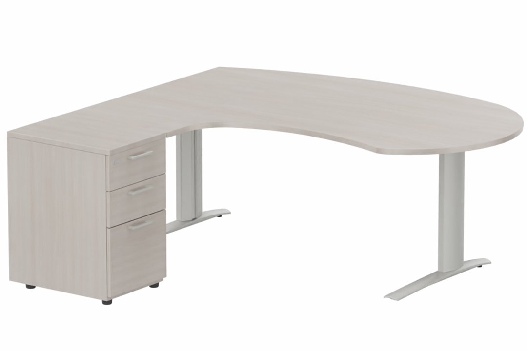 K1 POUTRE compact 90° manager 190x141x104x60cm sur caisson HB mélamine 3 tiroirs, plateau acacia, structure aluminium