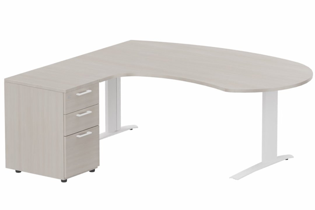 K1 POUTRE compact 90° manager 190x141x104x60cm sur caisson HB mélamine 3 tiroirs, plateau acacia, structure blanc