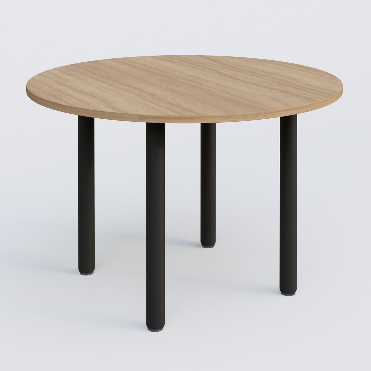 Table ronde diametre 110 cm avec quatres pieds fixes. Plateau Noyer et pietement Noir Mat