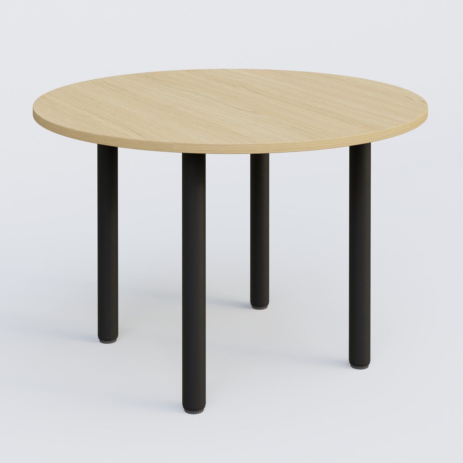 Table ronde diametre 110 cm avec quatres pieds fixes. Plateau Chêne clair et pietement Noir Mat