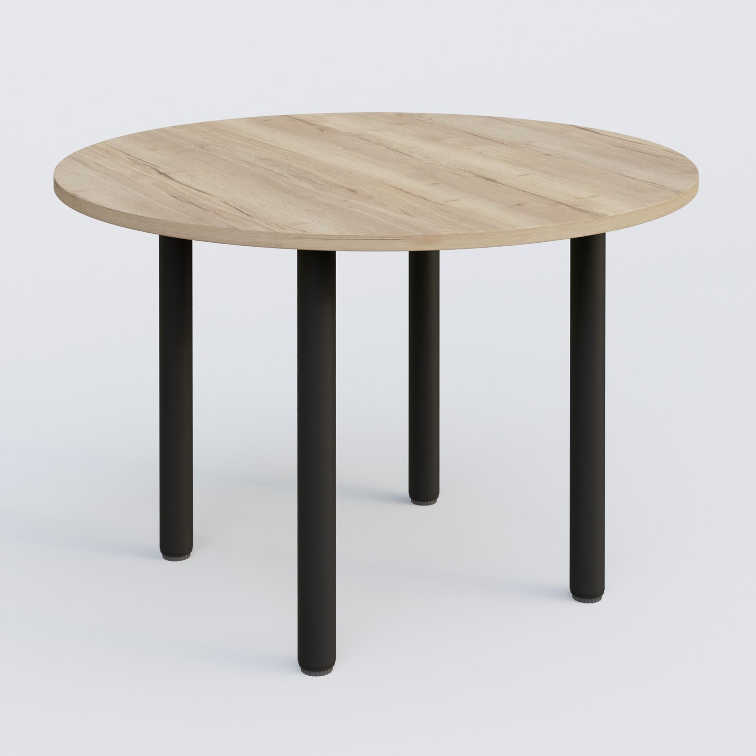 Table ronde diametre 110 cm avec quatres pieds fixes. Plateau Chêne naturel et pietement Noir Mat