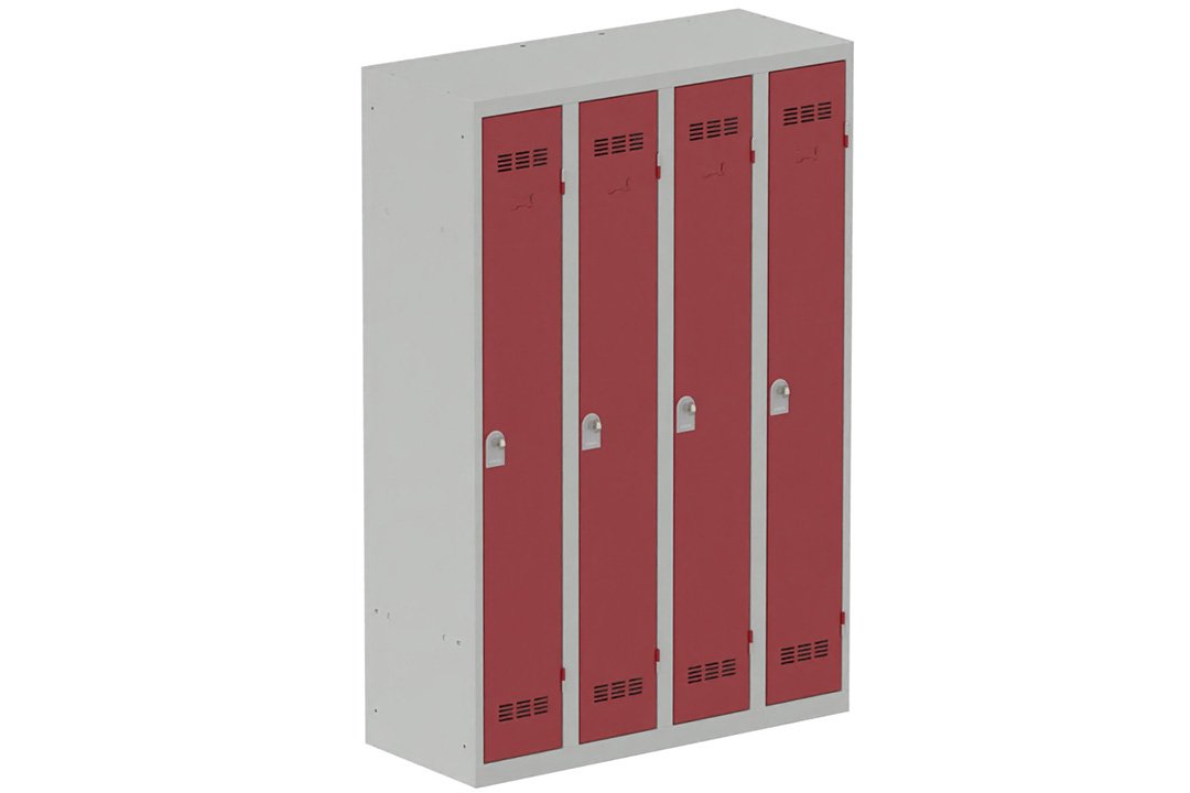 Vestiaire industrie propre 4 portes (fermeture cadenas) H180xL120xP50cm coffre gris clair/ porte(s) rouge