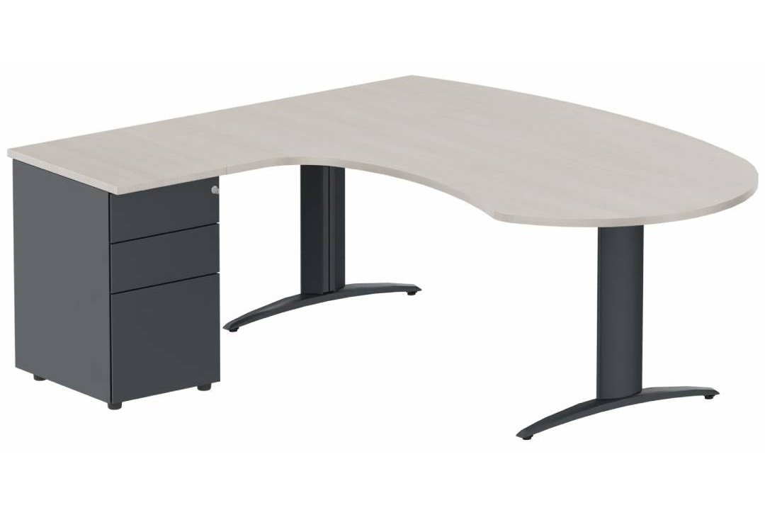 K2 compact 90° manager 190x141x104x60cm sur caisson HB métal 3 tiroirs, plateau acacia, structure anthracite