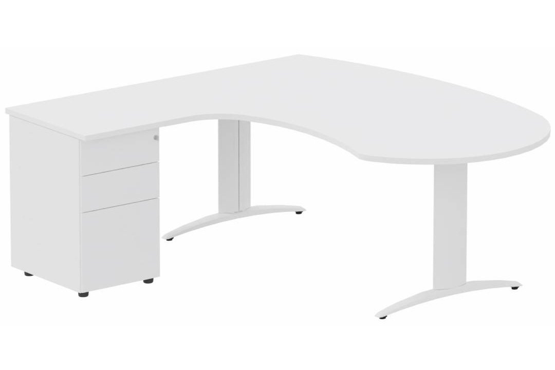 K2 compact 90° manager 190x141x104x60cm sur caisson HB métal 3 tiroirs, plateau blanc, structure blanc