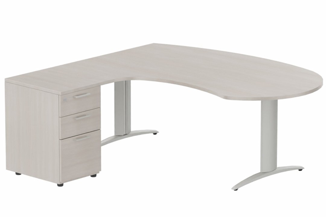 K2 compact 90° manager 190x141x104x60cm sur caisson HB mélamine 3 tiroirs, plateau acacia, structure aluminium
