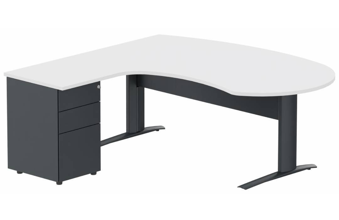 K1 VDF métal compact 90° manager 190x141x104x60cm sur caisson HB métal 3 tiroirs, plateau blanc, structure anthracite