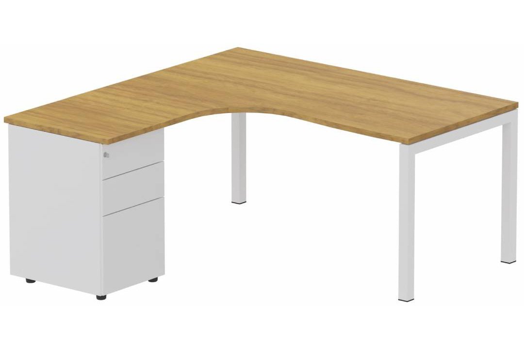K3- Plan compact 90° asymétrique 160x162x80/60cm avec caisson HB métal 3 tiroirs - retour à gauche -Finitions : PLATEAUX: NOYER (NO) / PIETEMENTS: BLANC (BL) / CAISSONS METALLIQUES: BLANC (BL)