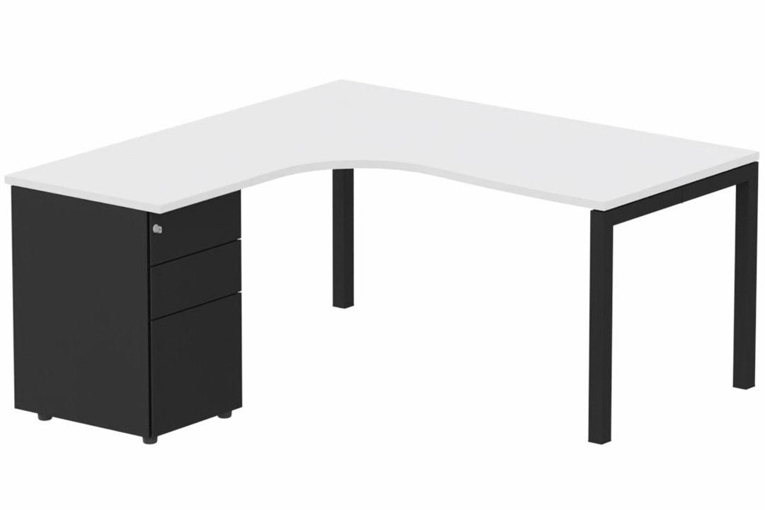K3- Plan compact 90° asymétrique 160x162x80/60cm avec caisson HB métal 3 tiroirs - retour à gauche -Finitions : PLATEAUX: BLANC (BL) / PIETEMENTS: NOIR GRAINE MAT (NG ) / CAISSONS METALLIQUES: NOIR GRAINE MAT (NG) 