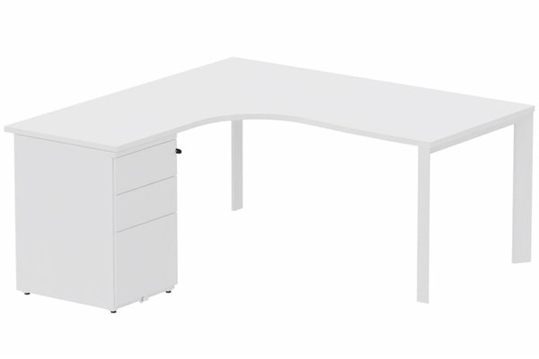 Gamme K7 - Plans compacts - Plan Compact 90° asymétrique 160x162x80/60cm retour à gauche avec caisson HB métal 3 tiroirs blanc/blanc - sur délai
