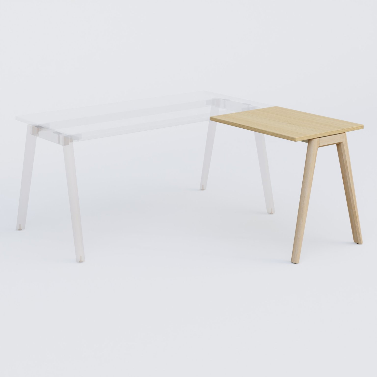 Extensions retour sur pied pour bureau K9 piètement incliné en bois et plateau 80*60 cm. Plateau Chêne clair et pietement bois massif de hêtre.