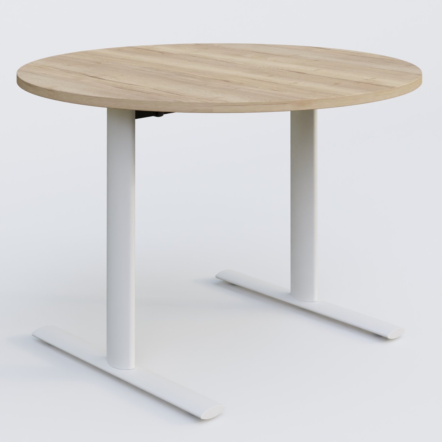 Table ronde gamme Pure diametre 110 cm. Plateau Chêne naturel et pietement Blanc.