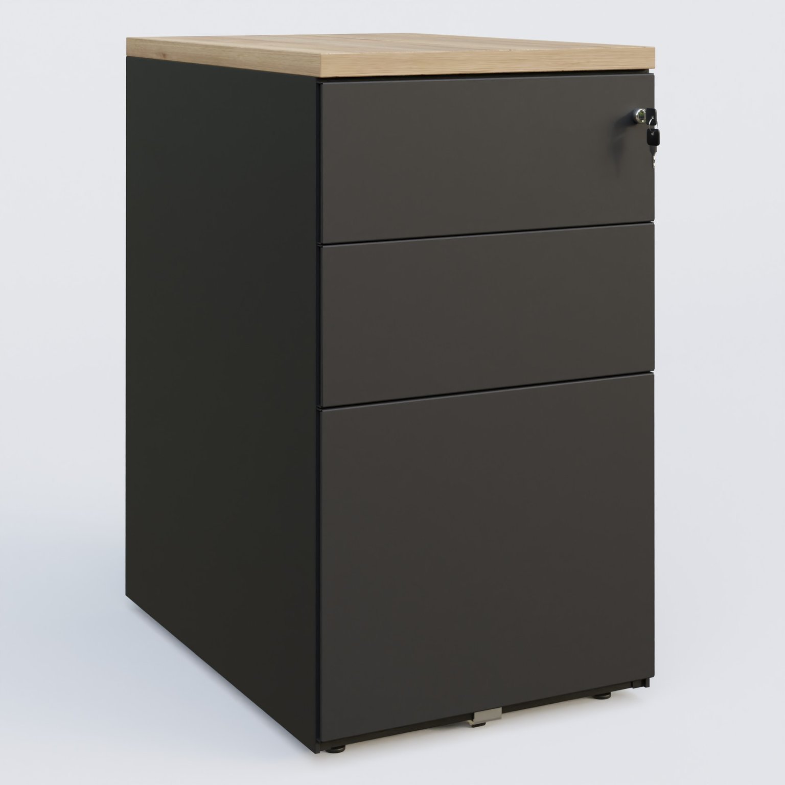 Caisson hauteur de bureau métalique 3 tiroirs avec top de finition, profondeur 60cm. Plateau Chêne naturel et caisson Noir.