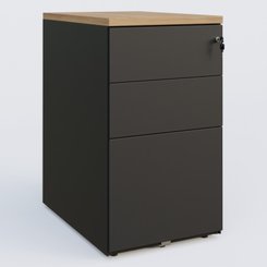 CAISSONS  - Hauteur de bureau - Caisson hauteur de bureau métalique 3 tiroirs avec top de finition, profondeur 60cm. Plateau Noyer et caisson Noir.