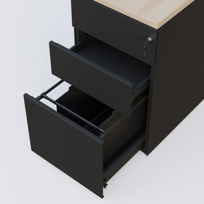 CAISSONS  - Hauteur de bureau - Caisson hauteur de bureau métalique 3 tiroirs avec top de finition, profondeur 80cm. Plateau Acacia et caisson Noir.
