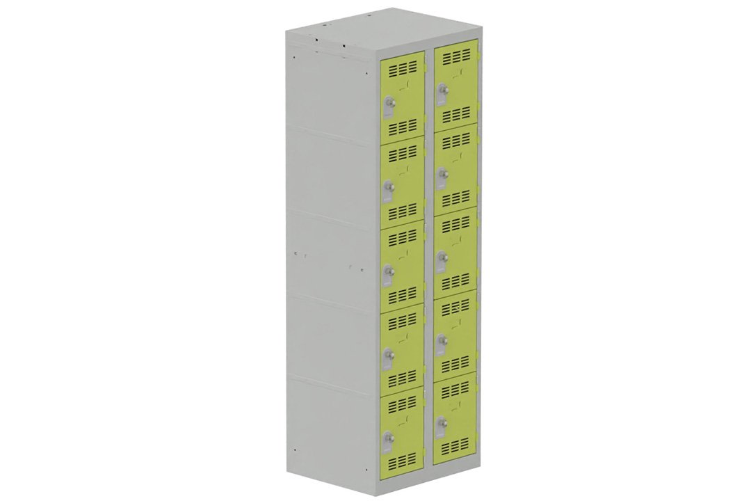 Vestiaire multicases 2 colonnes L,30cm 5 cases (fermeture cadenas) H,180xL,60xP,50cm coffre gris clair/portes anis