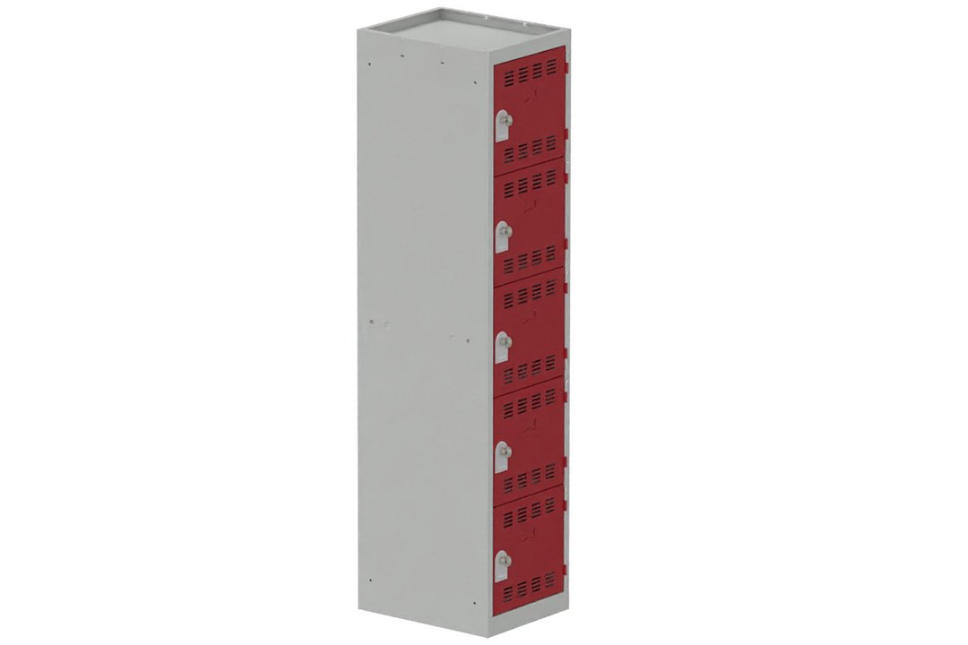 Vestiaire multicases 1 colonne L,40cm 5 cases (fermeture cadenas) H,180xL,40xP,50cm coffre gris clair/portes rouge
