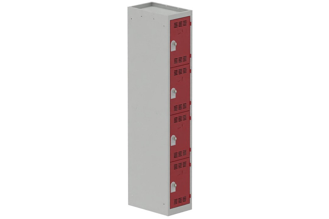 Vestiaire multicases 1 colonne L,30cm 4 cases (fermeture cadenas) H,180xL,30xP,50cm coffre gris clair/portes rouge