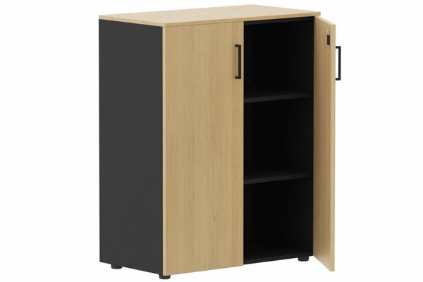 ARMOIRES PORTES BATTANTES - Mélaminés - Armoire mélamine H102XL100 cm portes bois, Finitions= Top de finition : Chêne (CE) / Corps d'armoire et tablettes : noir / Façade : Chêne (CE) / Poignées noires