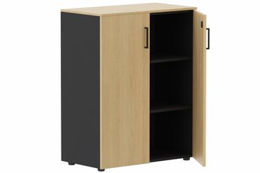 ARMOIRES PORTES BATTANTES - Mélaminés - Armoire mélamine H102XL100 cm portes bois, Finitions= Top de finition : Chêne (CE) / Corps d'armoire et tablettes : noir / Façade : Chêne (CE) / Poignées noires