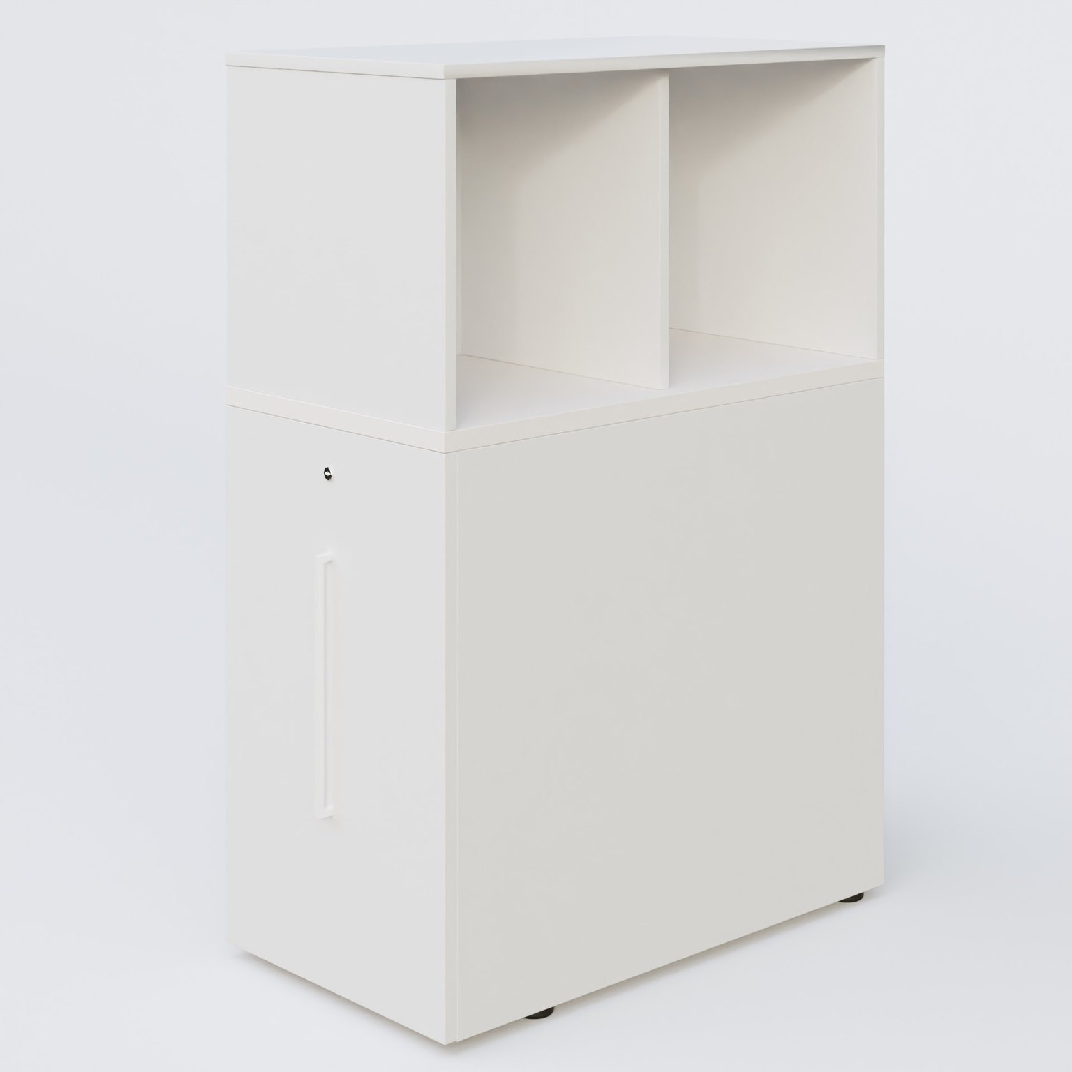 Tour de rangement hauteur de bureau position à gauche avec Niche. Caisson Blanc et top de finition Blanc.