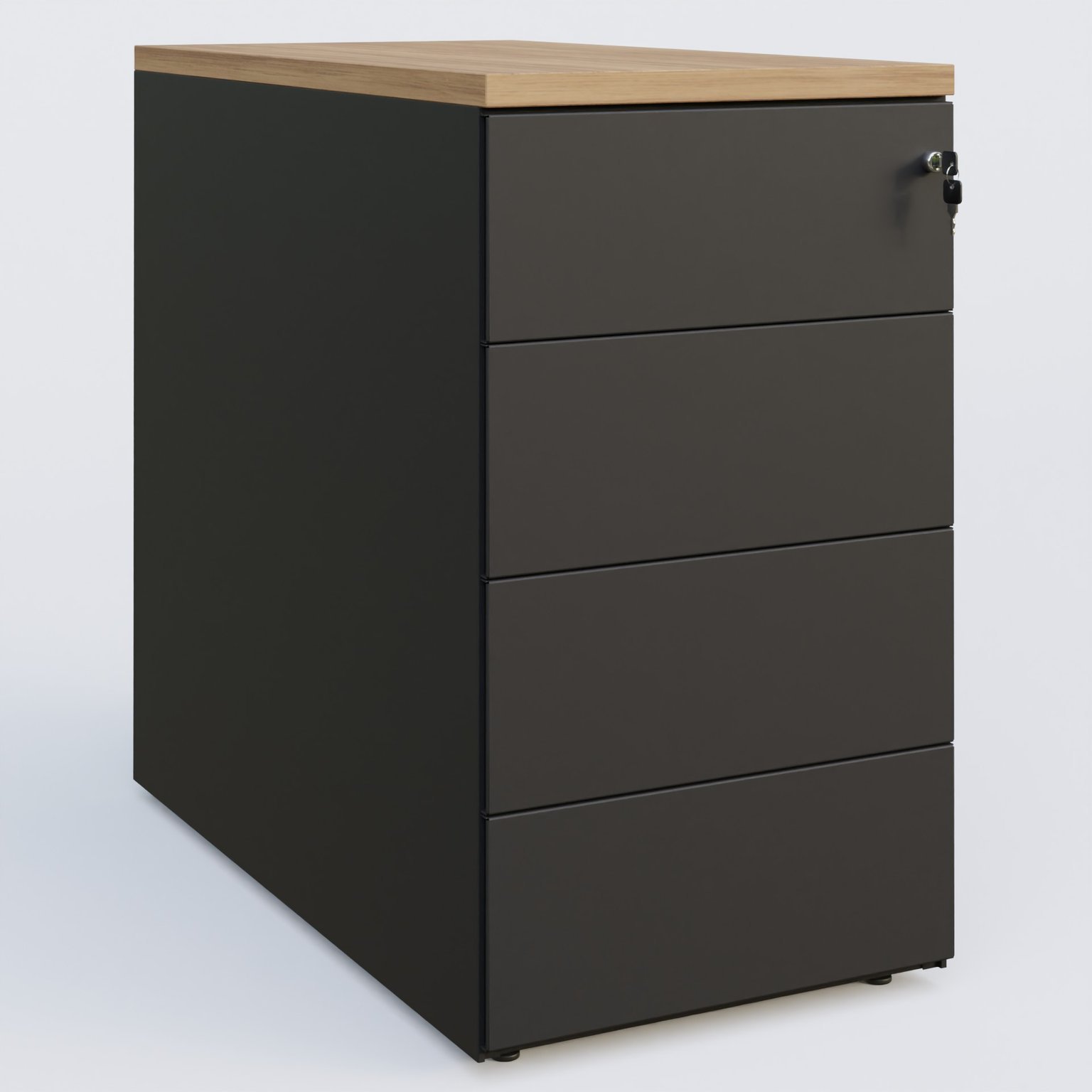 Caisson hauteur de bureau métalique 4 tiroirs avec top de finition, profondeur 60cm. Plateau Noyer et caisson Noir.