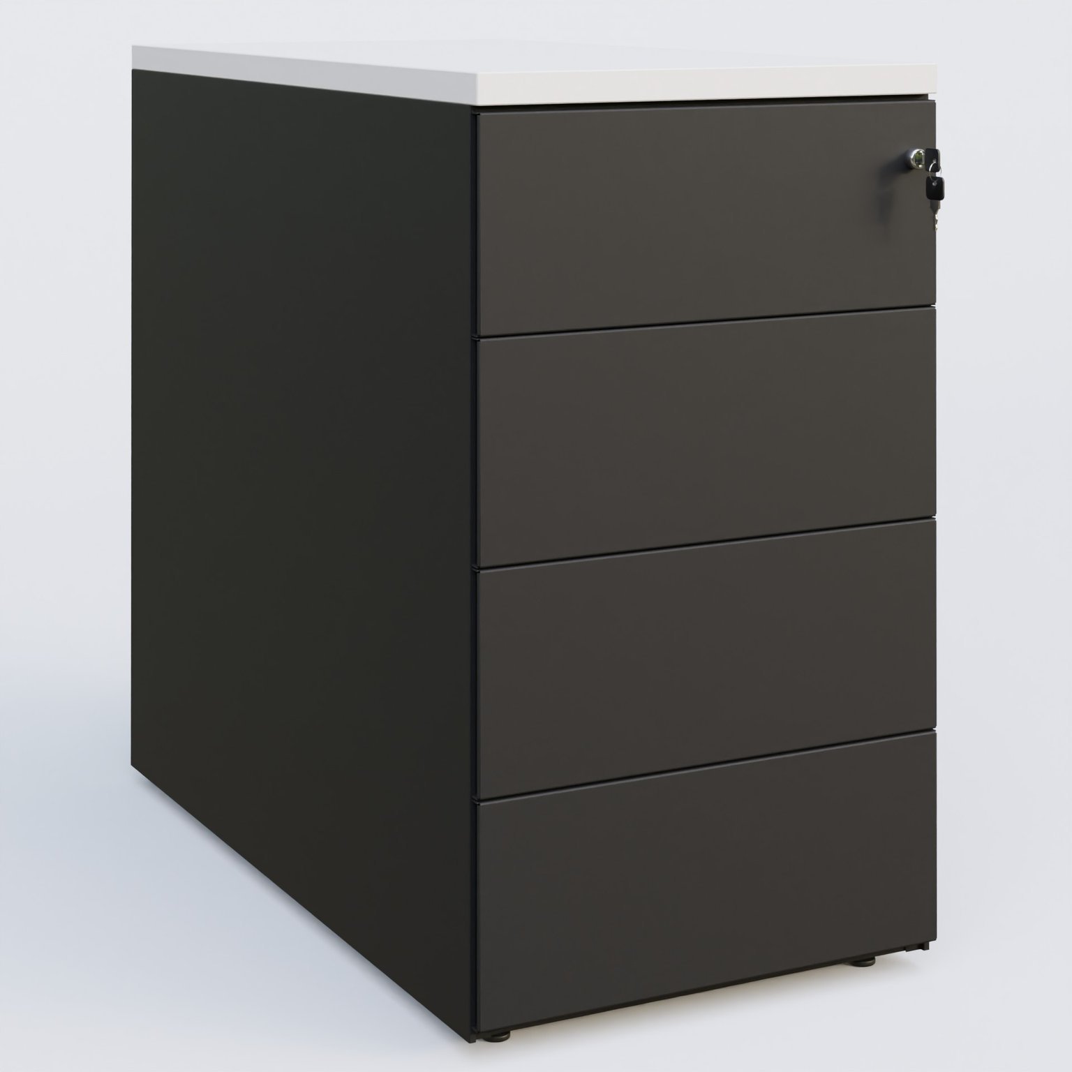 Caisson hauteur de bureau métalique 4 tiroirs avec top de finition, profondeur 60cm. Plateau Blanc et caisson Noir.
