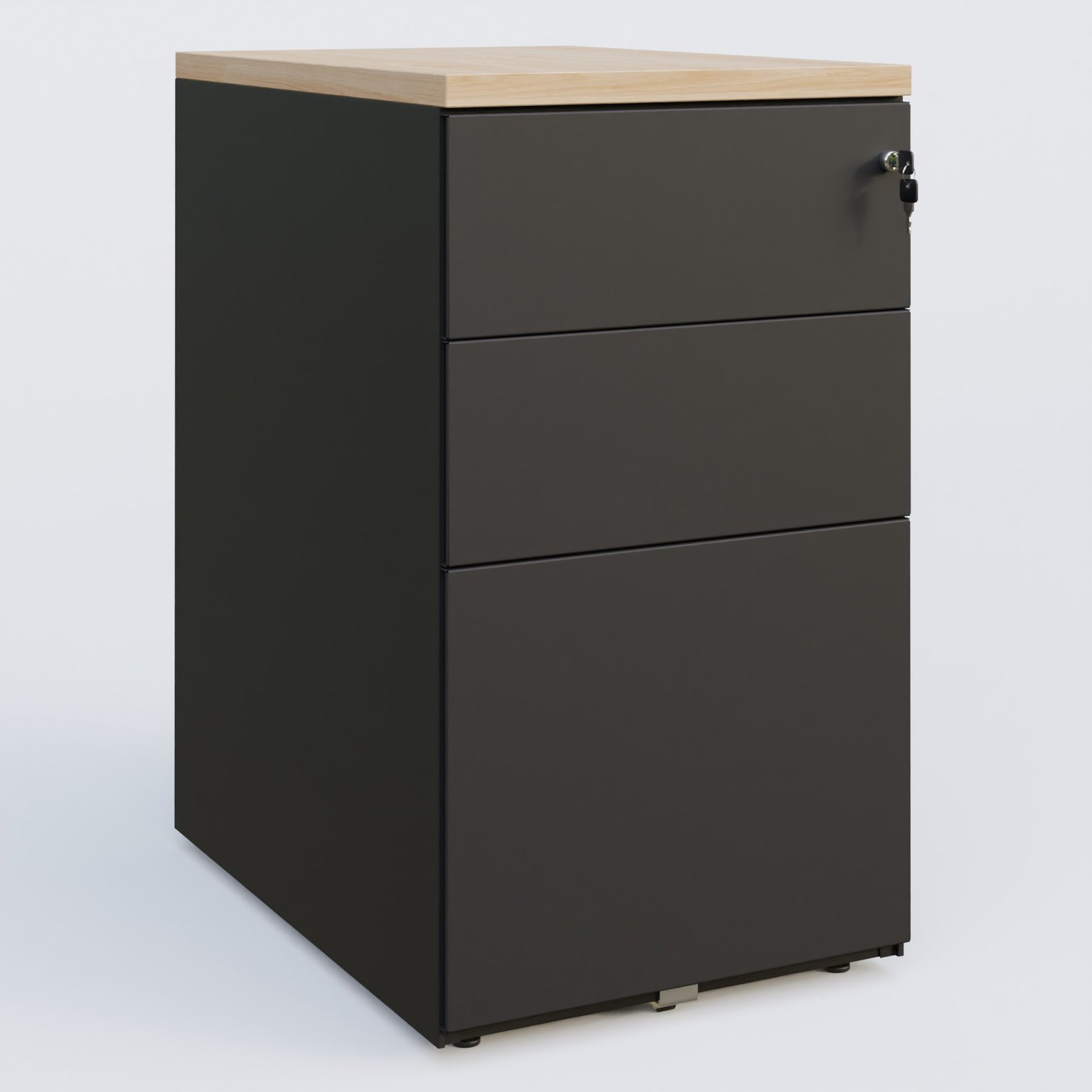 Caisson hauteur de bureau métalique 3 tiroirs avec top de finition, profondeur 60cm. Plateau Hêtre et caisson Noir.