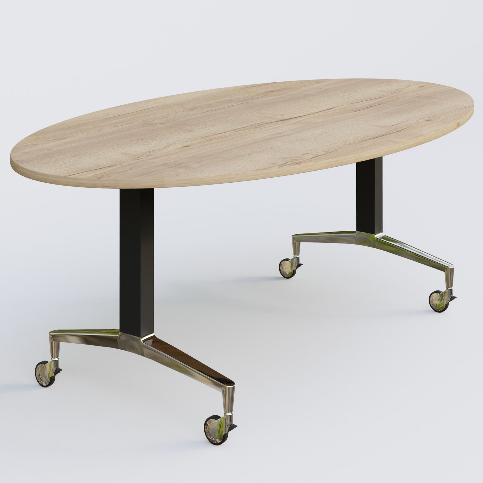 Table ovale de la gamme LEM 200-110 cm. Plateau Chêne naturel et pietement Noir/Chrome.
