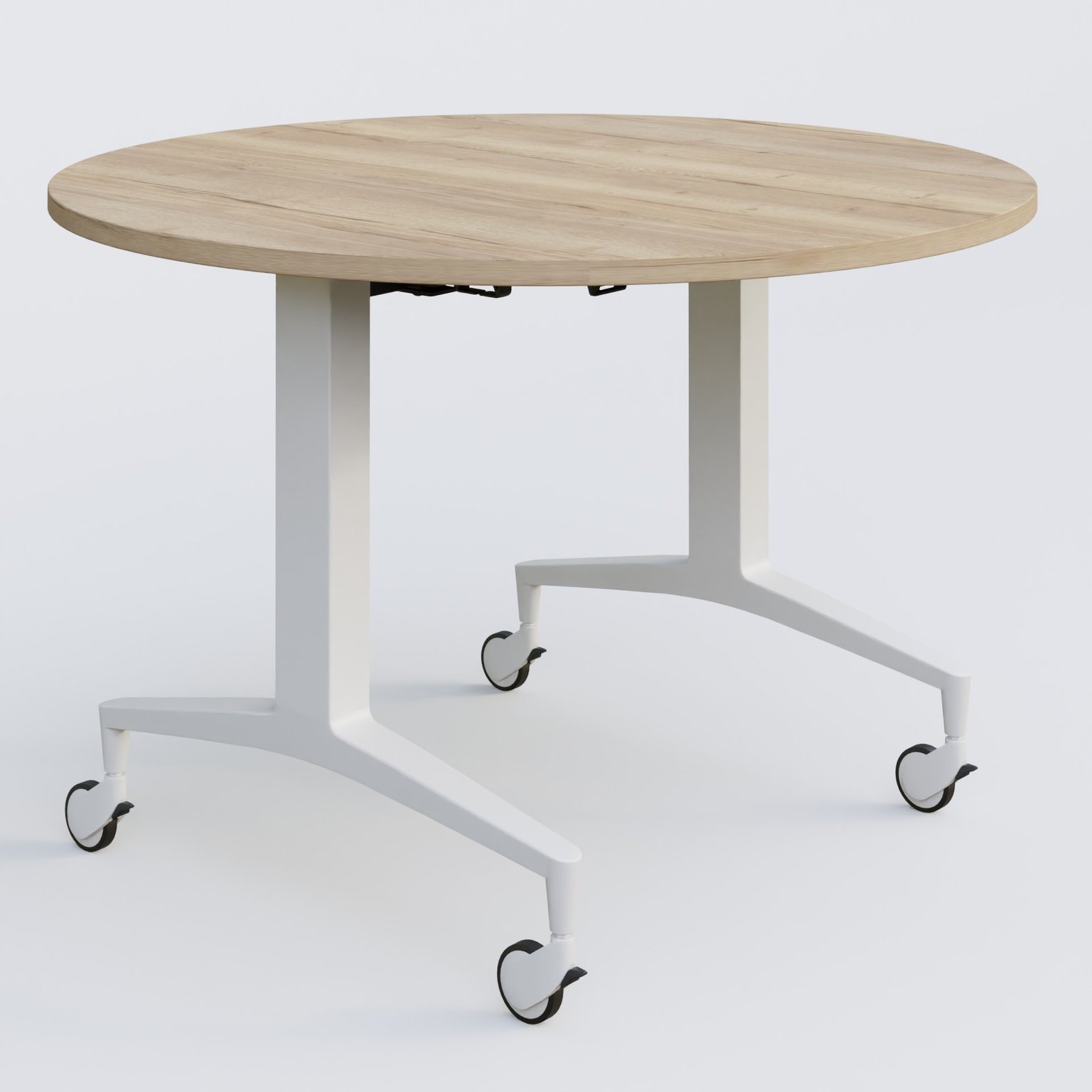 Table ronde de la gamme LEM D110 cm. Plateau Chêne naturel et pietement Blanc.