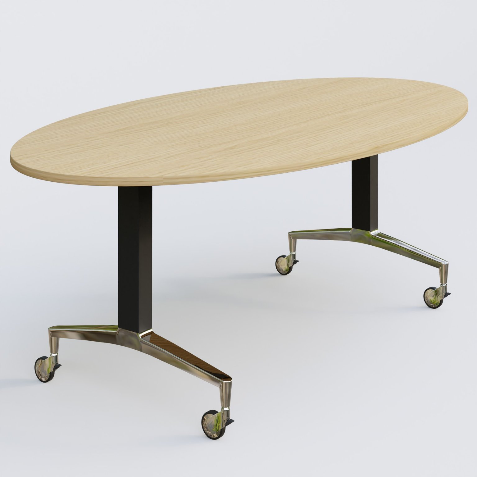 Table ovale de la gamme LEM 200-110 cm. Plateau Chêne clair et pietement Noir/Chrome.