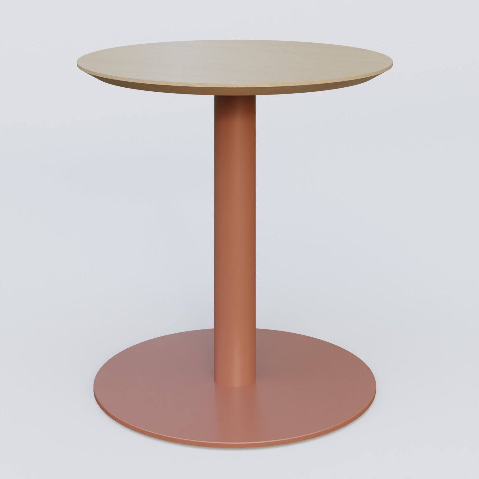 Table Basse Fashion Styl piètement colonne en métal et plateau bois. Plateau Chêne et pietement Brun cuivré (RAL 8004).