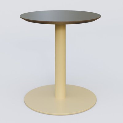 [Pas de famille] - [Pas de sous famille] - Table Basse Fashion Styl piètement colonne en métal et plateau bois. Plateau Chêne Moka et pietement Jaune Cuivre (RAL 1002).