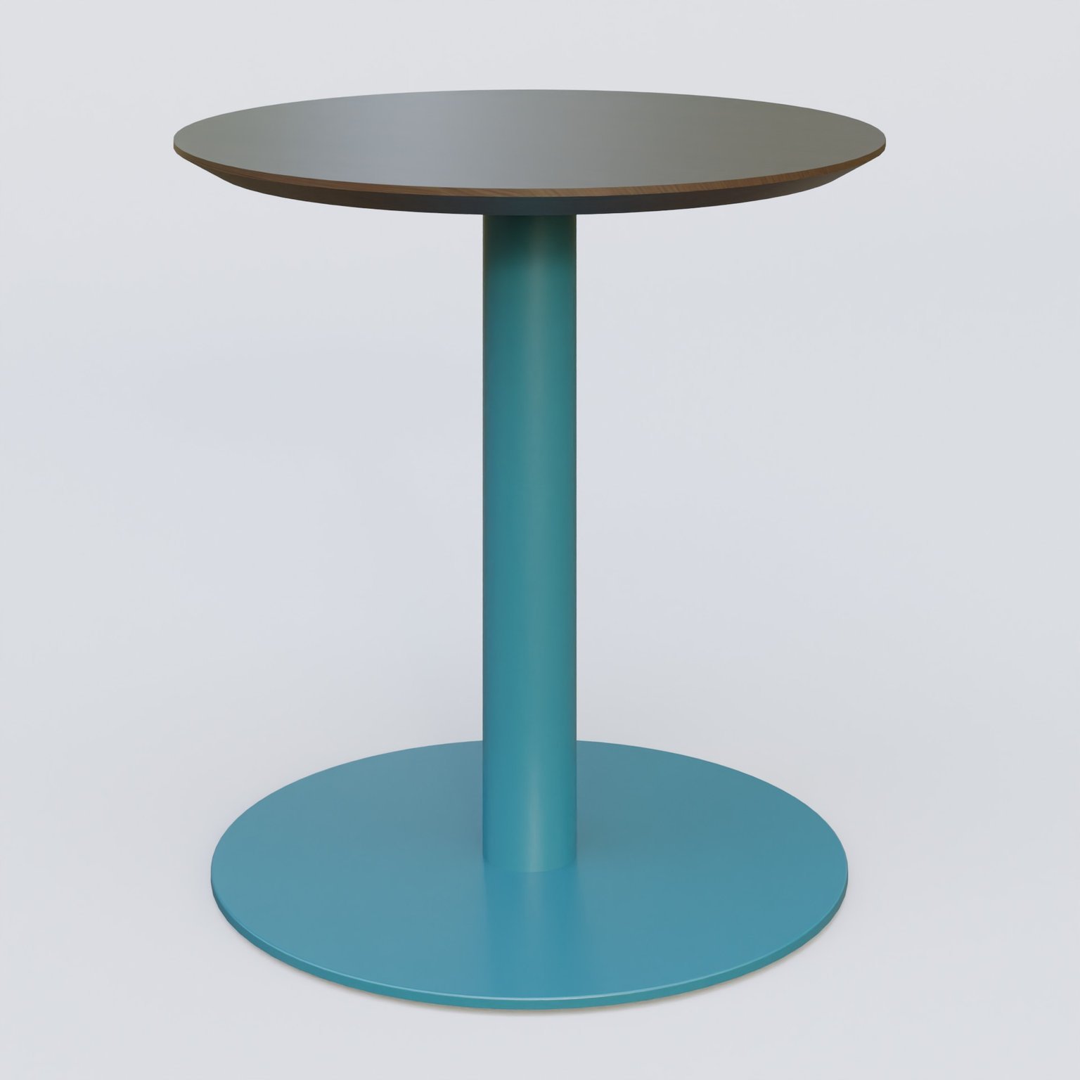 Table Basse Fashion Styl piètement colonne en métal et plateau bois. Plateau Chêne Moka et pietement Bleu Petrole (RAL 5025).